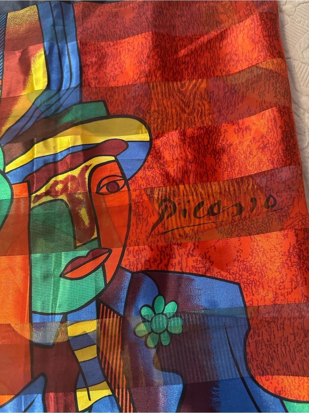 Red Multicolor Artistic Print Silk-Feel Scarf - Picasso Signature